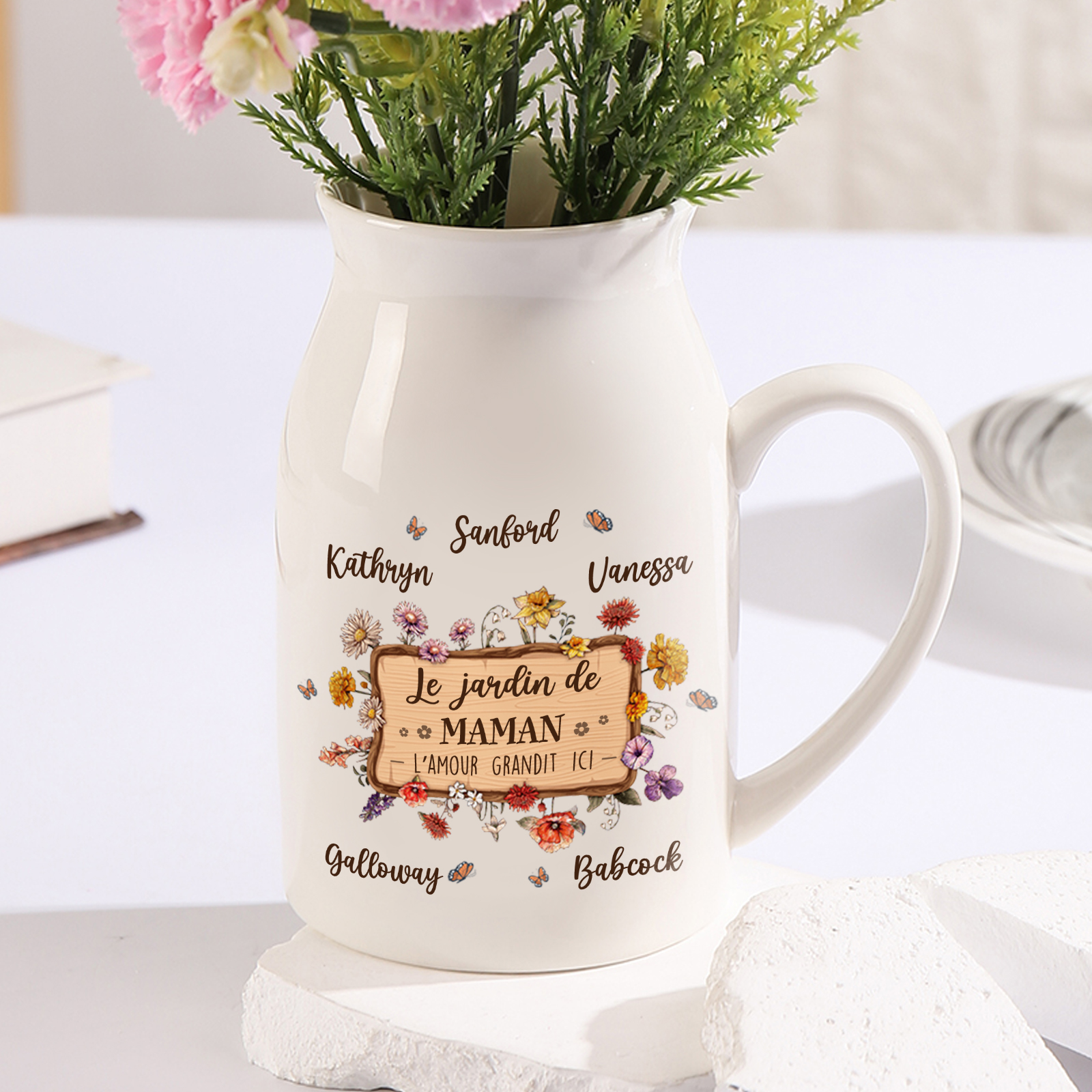 À Maman - Vase à Fleurs 5 Prénoms Personnalisés avec 1 Texte Décoration de la Maison (sans plantes) | Jessemade