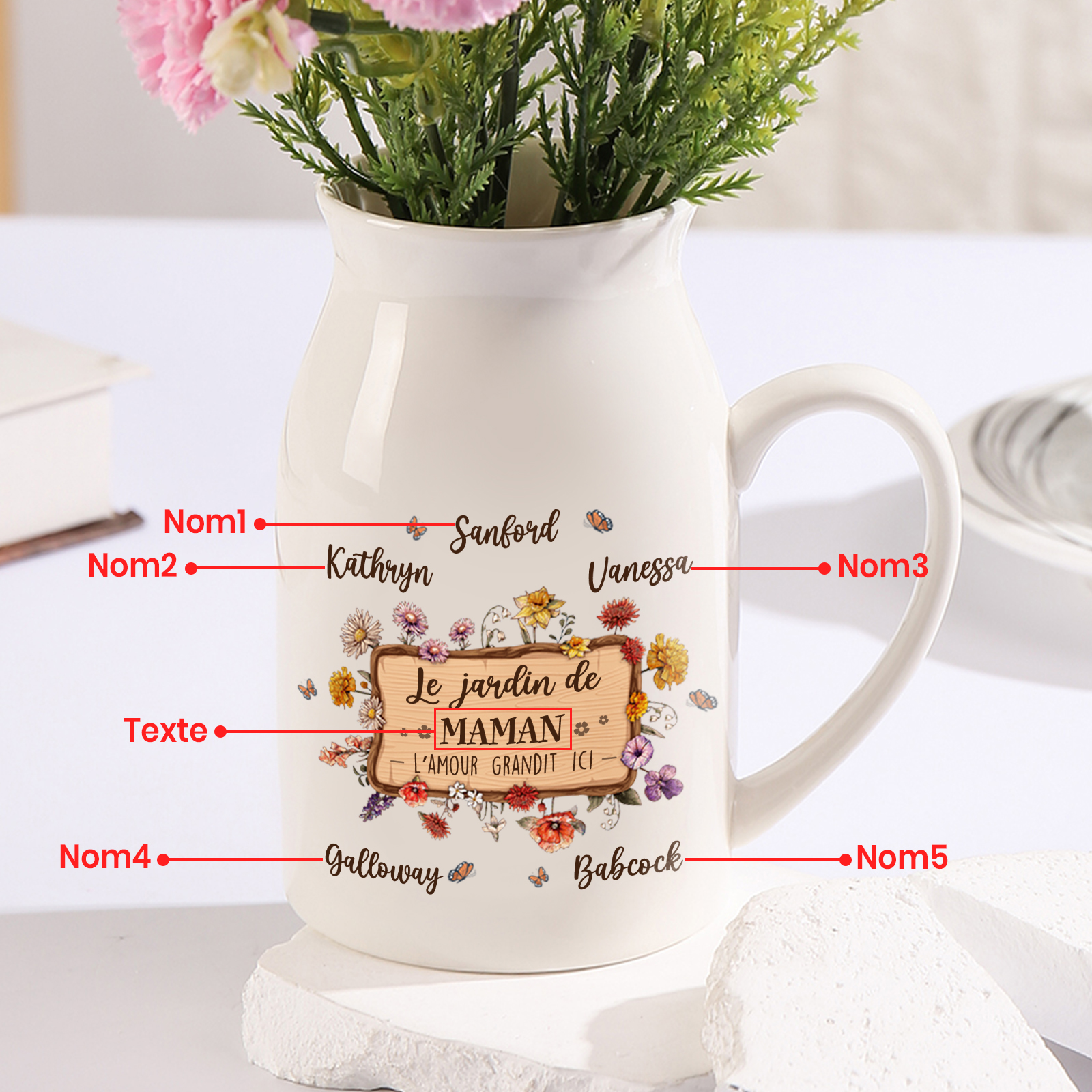 À Maman - Vase à Fleurs 5 Prénoms Personnalisés avec 1 Texte Décoration de la Maison (sans plantes) | Jessemade
