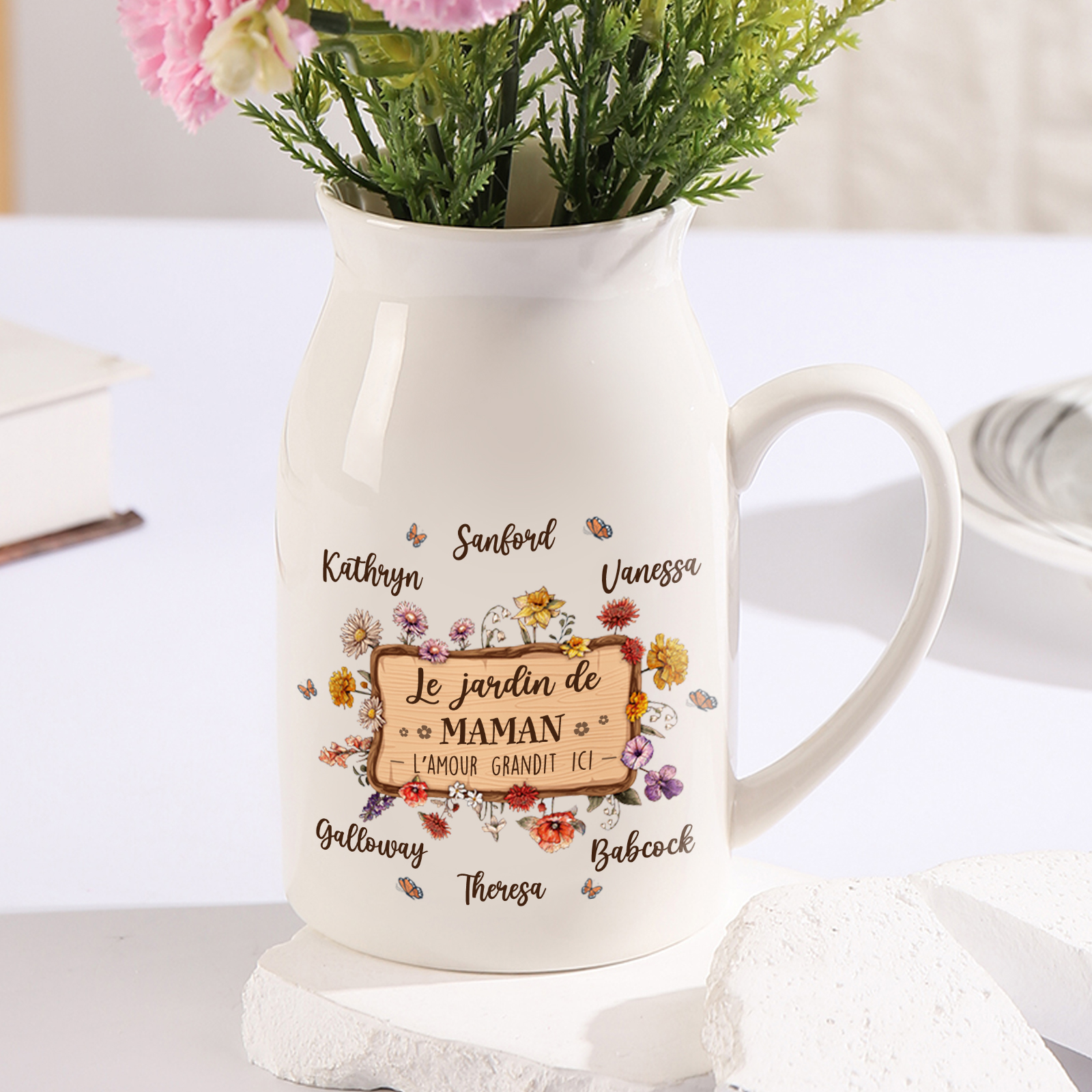À Maman - Vase à Fleurs 6 Prénoms Personnalisés avec 1 Texte Décoration de la Maison (sans plantes) | Jessemade
