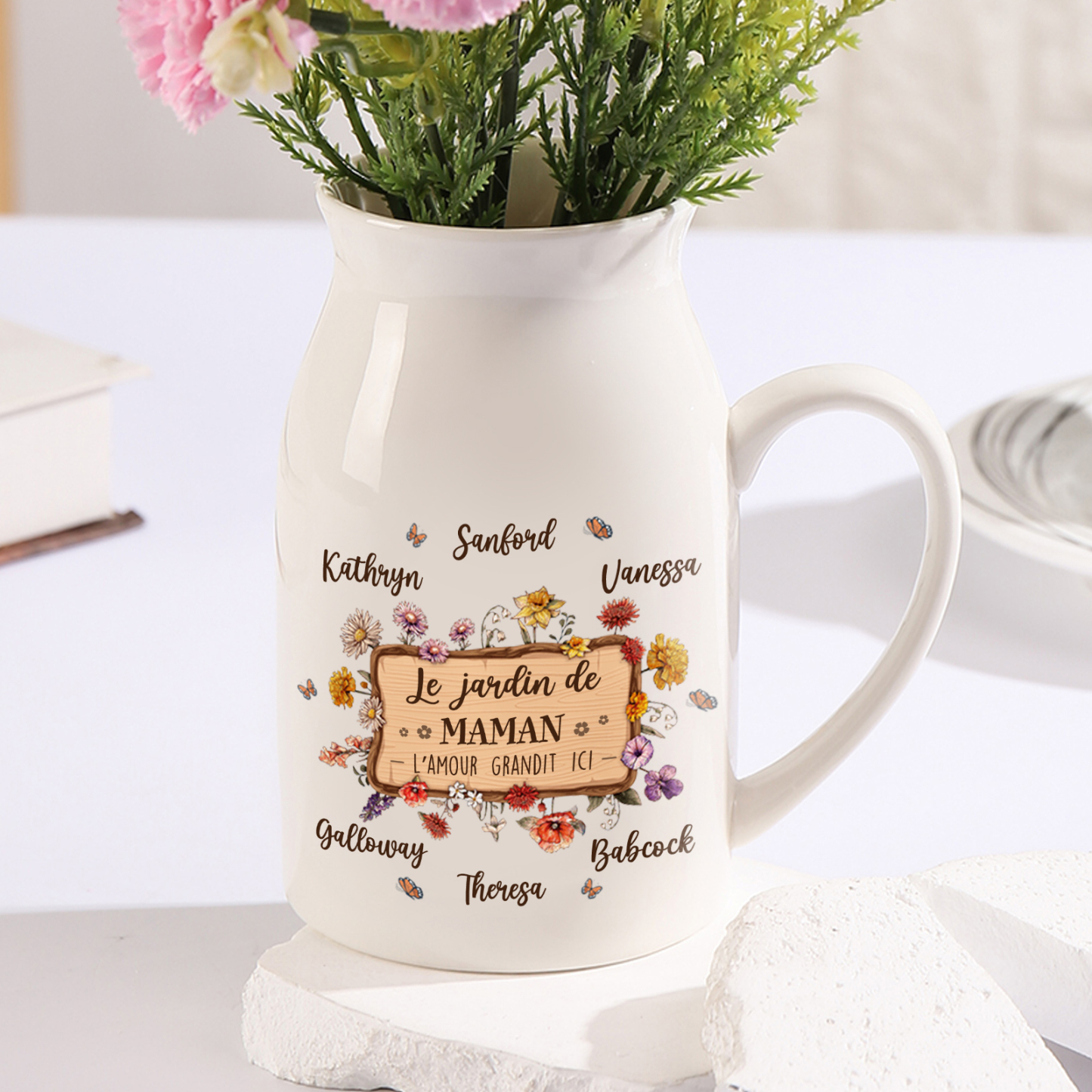 À Maman - Vase à Fleurs 6 Prénoms Personnalisés avec 1 Texte Décoration de la Maison (sans plantes) | Jessemade