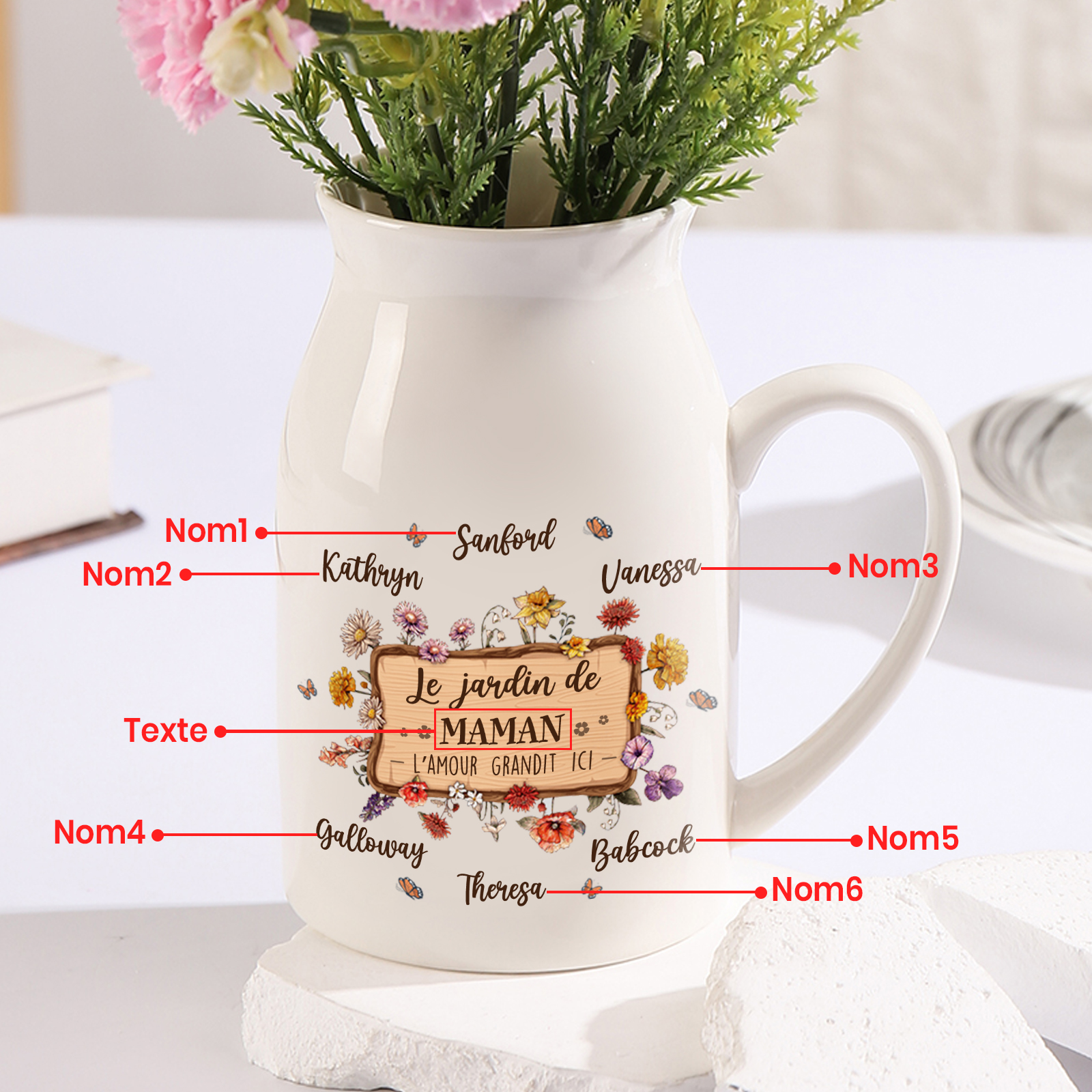 À Maman - Vase à Fleurs 6 Prénoms Personnalisés avec 1 Texte Décoration de la Maison (sans plantes) | Jessemade