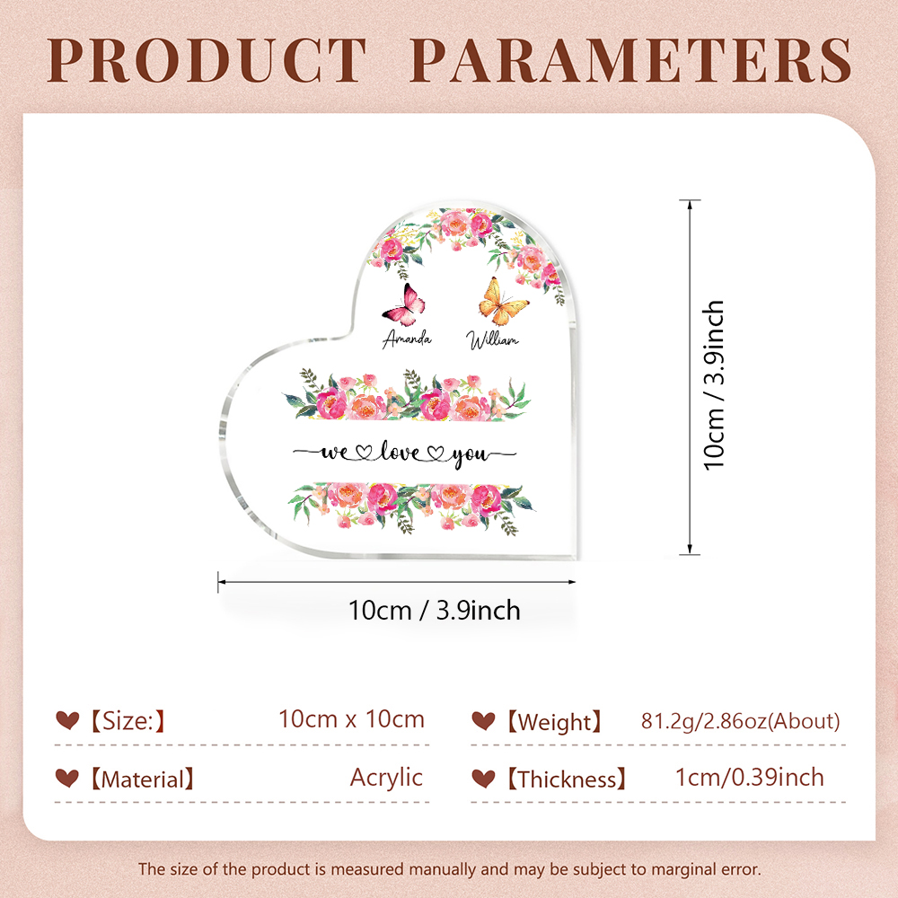 À Maman/Mamie - Plaque Acrylique Coeur 2 Prénoms Personnalisés avec 2 Textes Papillons et Felurs Déco de Maison | Jessemade