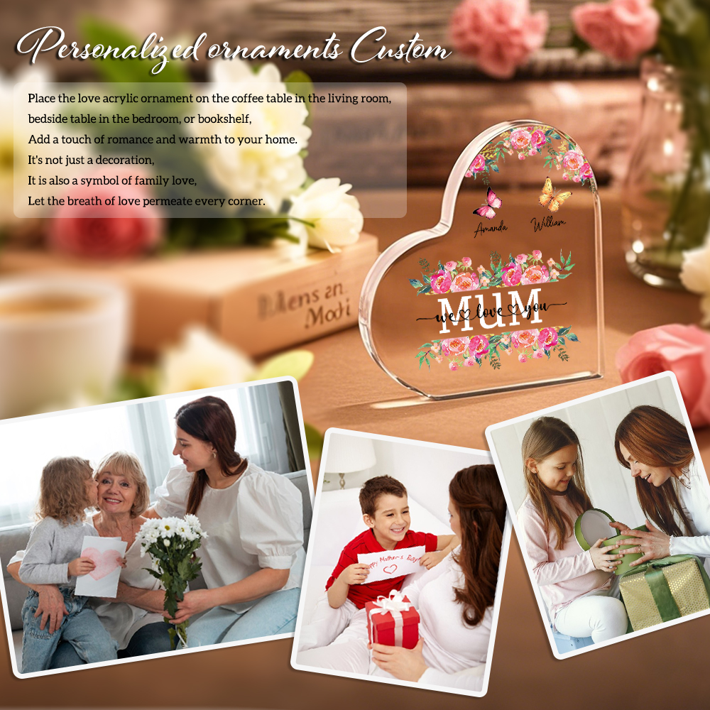 À Maman/Mamie - Plaque Acrylique Coeur 2 Prénoms Personnalisés avec 2 Textes Papillons et Felurs Déco de Maison | Jessemade