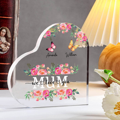 À Maman/Mamie - Plaque Acrylique Coeur 2 Prénoms Personnalisés avec 2 Textes Papillons et Felurs Déco de Maison | Jessemade