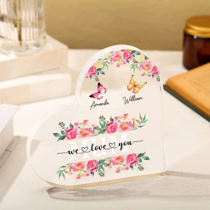 À Maman/Mamie - Plaque Acrylique Coeur 2 Prénoms Personnalisés avec 2 Textes Papillons et Felurs Déco de Maison | Jessemade