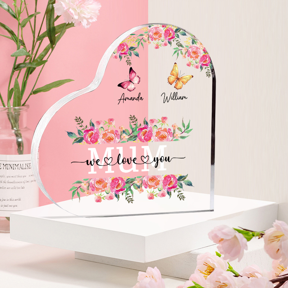 À Maman/Mamie - Plaque Acrylique Coeur 2 Prénoms Personnalisés avec 2 Textes Papillons et Felurs Déco de Maison | Jessemade