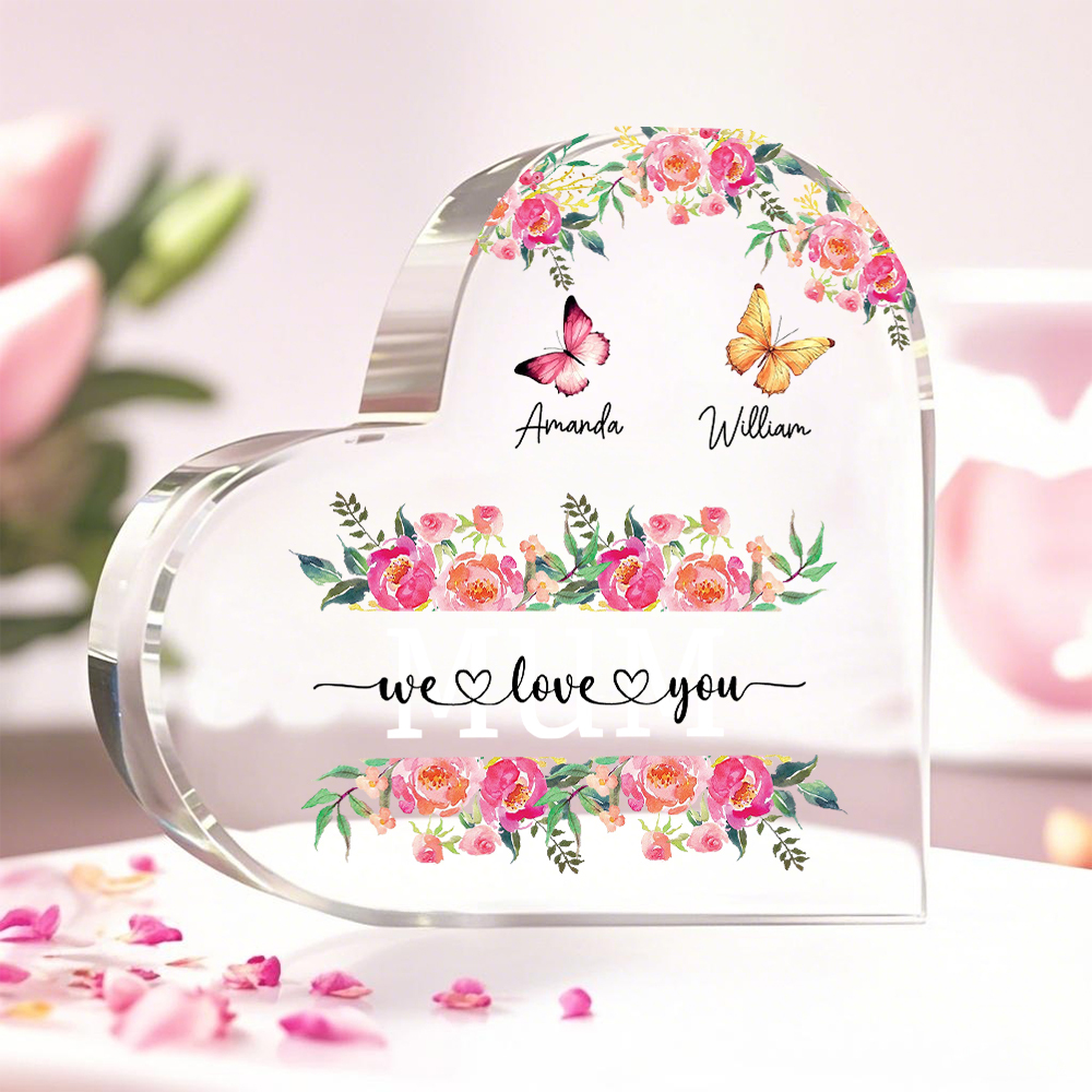 Bloc cœur en acrylique personnalisé avec prénoms et message – Cadeau sentimental pour maman | Jessemade