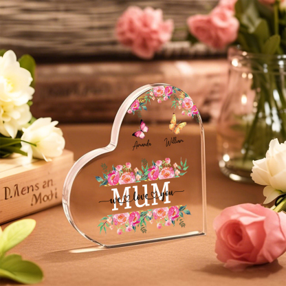 À Maman/Mamie - Plaque Acrylique Coeur 2 Prénoms Personnalisés avec 2 Textes Papillons et Felurs Déco de Maison | Jessemade
