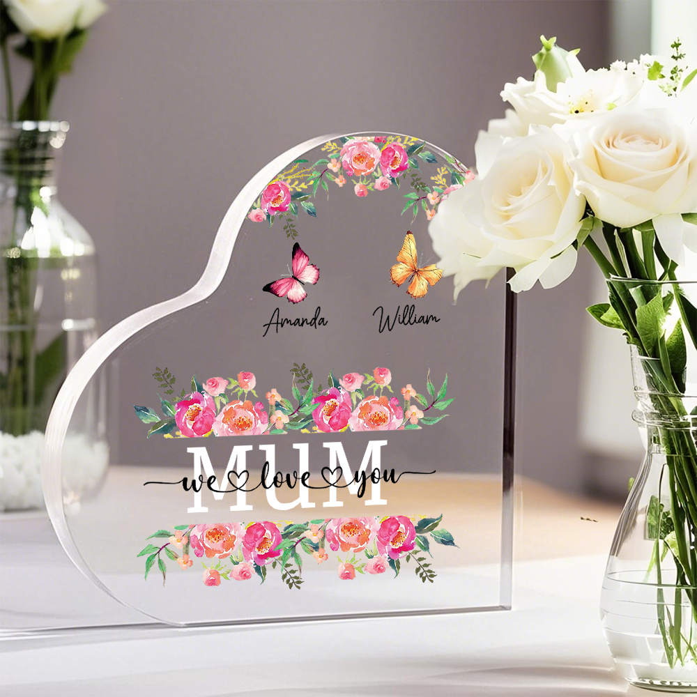 À Maman/Mamie - Plaque Acrylique Coeur 2 Prénoms Personnalisés avec 2 Textes Papillons et Felurs Déco de Maison | Jessemade