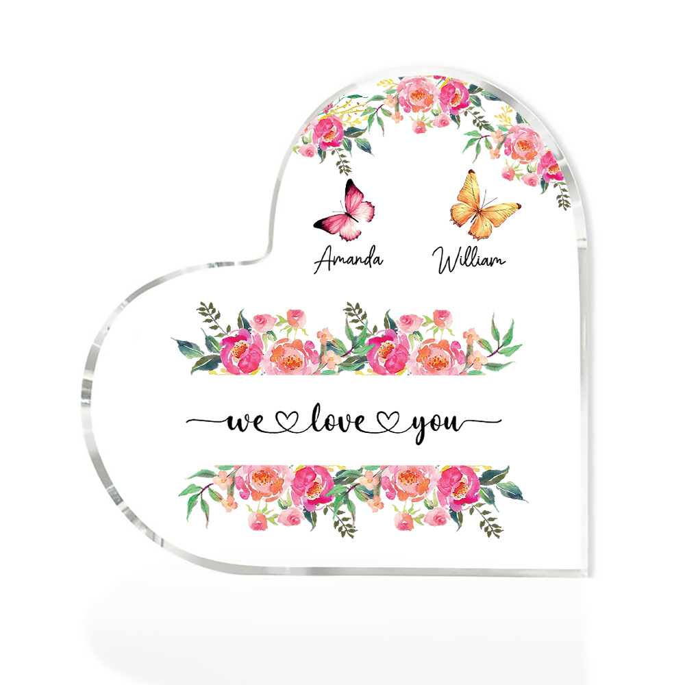 À Maman/Mamie - Plaque Acrylique Coeur 2 Prénoms Personnalisés avec 2 Textes Papillons et Felurs Déco de Maison | Jessemade