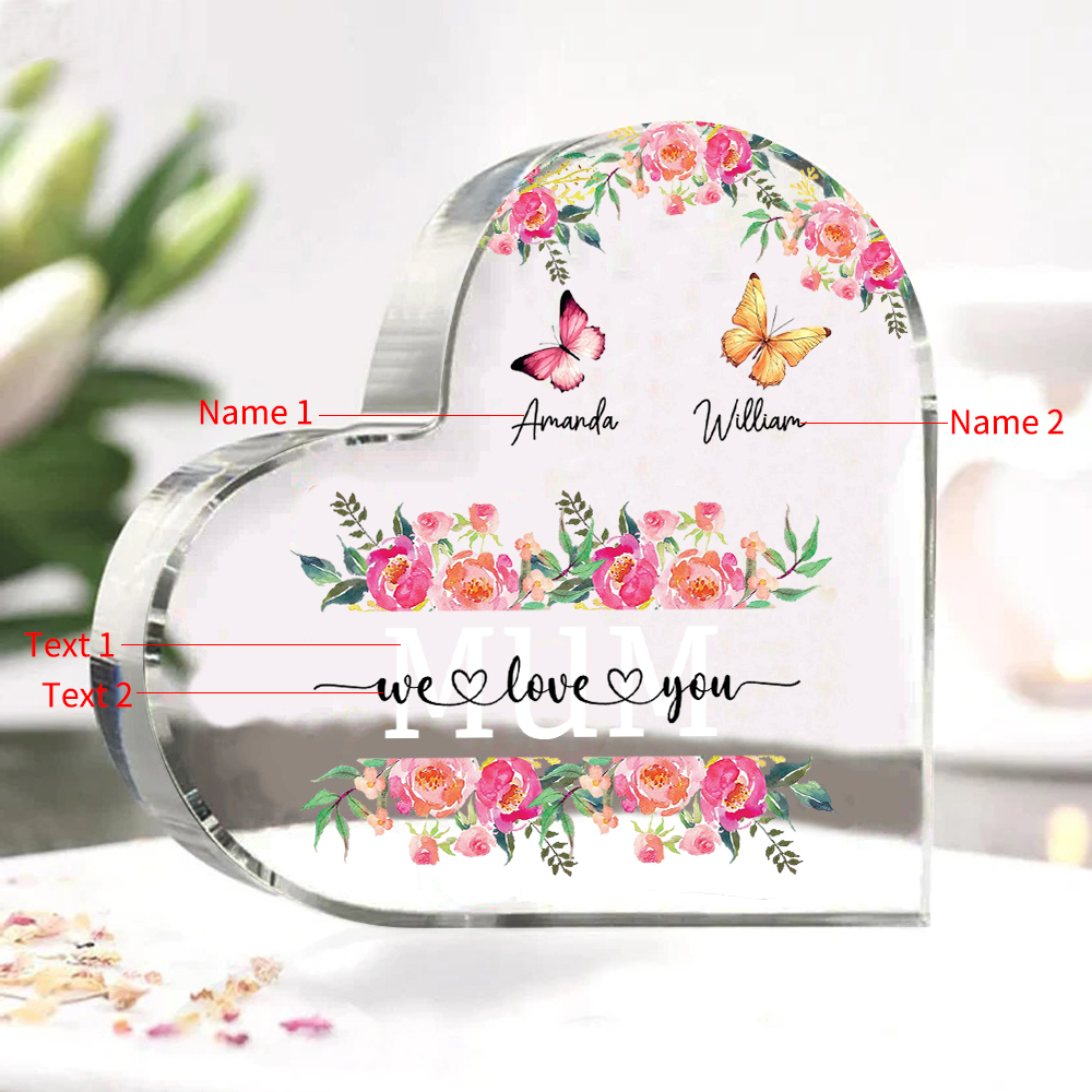 À Maman/Mamie - Plaque Acrylique Coeur 2 Prénoms Personnalisés avec 2 Textes Papillons et Felurs Déco de Maison | Jessemade
