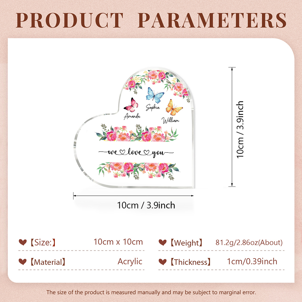 À Maman/Mamie - Plaque Acrylique Coeur 3 Prénoms Personnalisés avec 2 Textes Papillons et Felurs Déco de Maison | Jessemade