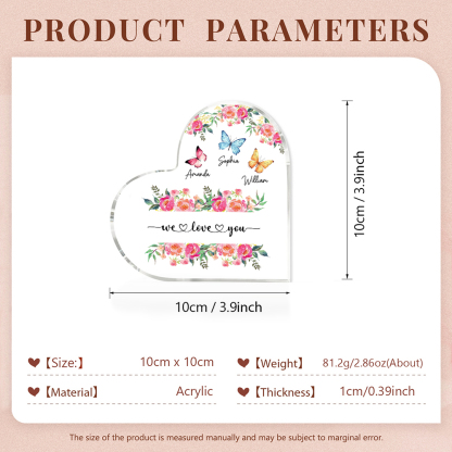 À Maman/Mamie - Plaque Acrylique Coeur 3 Prénoms Personnalisés avec 2 Textes Papillons et Felurs Déco de Maison | Jessemade