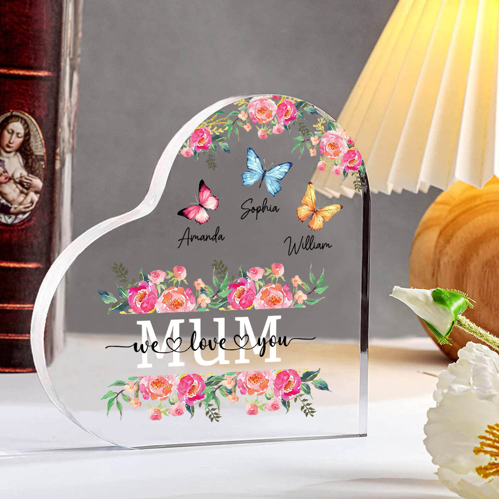 À Maman/Mamie - Plaque Acrylique Coeur 3 Prénoms Personnalisés avec 2 Textes Papillons et Felurs Déco de Maison | Jessemade