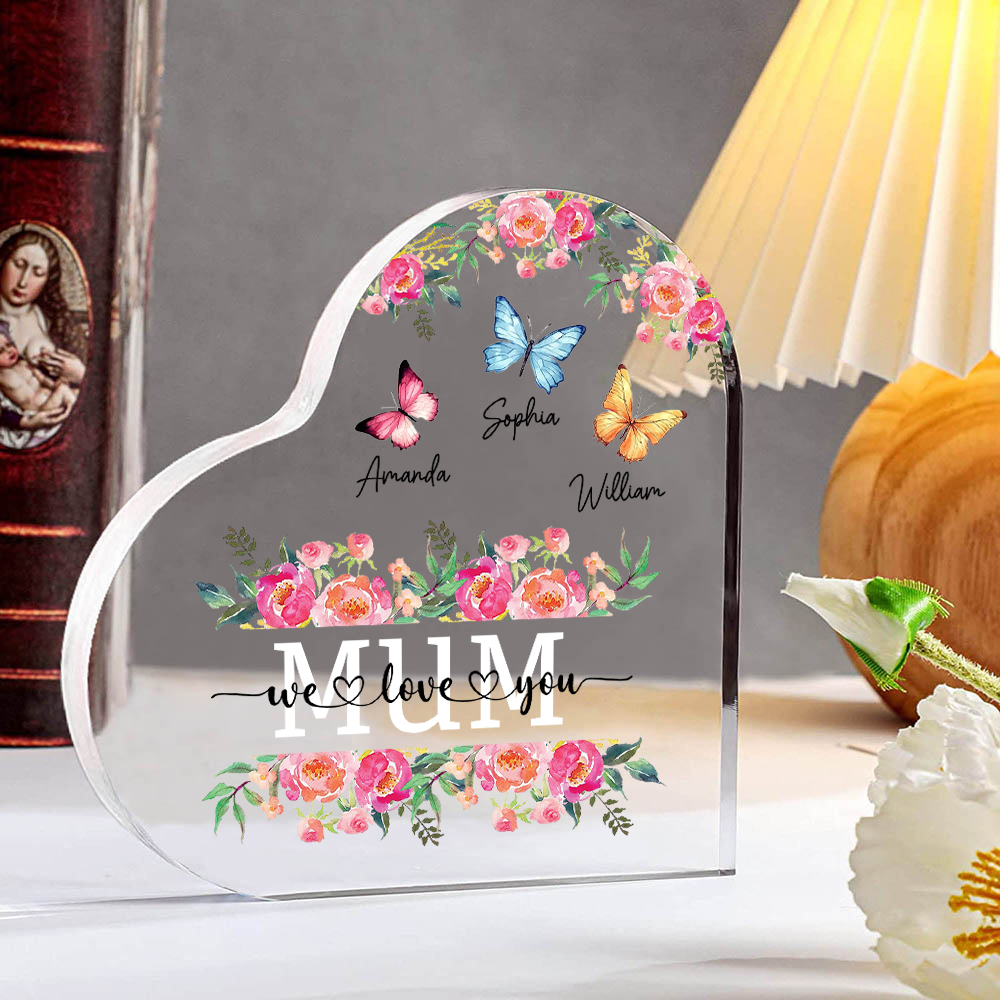 À Maman/Mamie - Plaque Acrylique Coeur 3 Prénoms Personnalisés avec 2 Textes Papillons et Felurs Déco de Maison | Jessemade