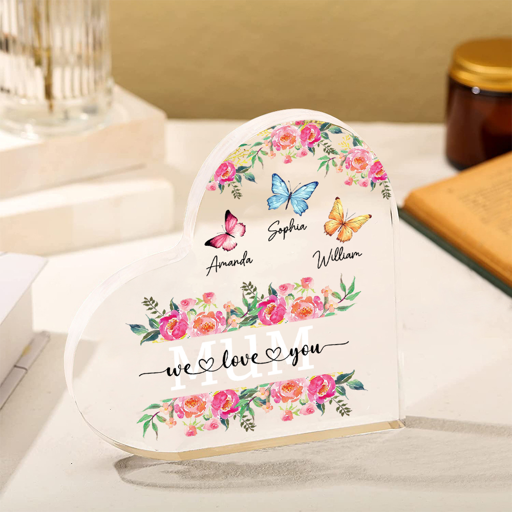 À Maman/Mamie - Plaque Acrylique Coeur 3 Prénoms Personnalisés avec 2 Textes Papillons et Felurs Déco de Maison | Jessemade