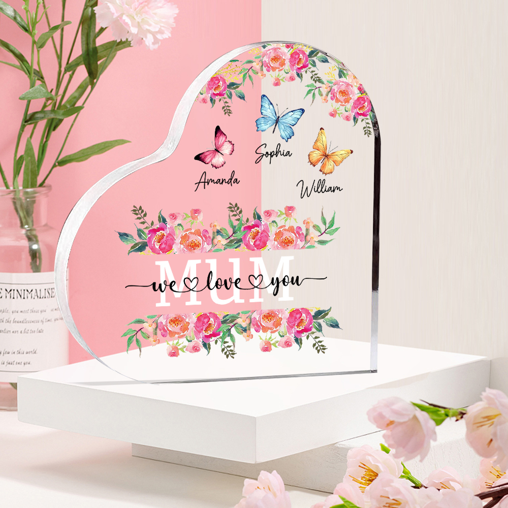 À Maman/Mamie - Plaque Acrylique Coeur 3 Prénoms Personnalisés avec 2 Textes Papillons et Felurs Déco de Maison | Jessemade