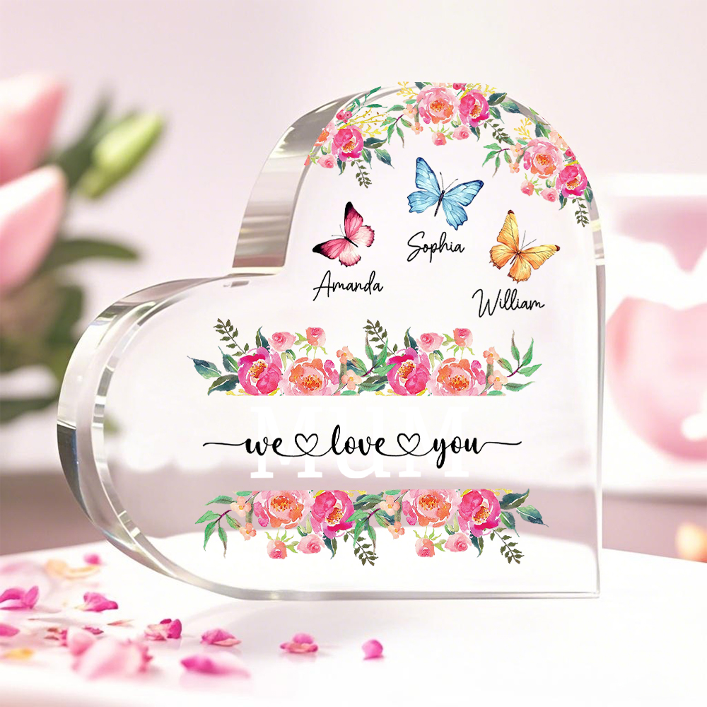 Bloc cœur en acrylique personnalisé avec prénoms et message – Cadeau sentimental pour maman et grand-mère | Jessemade