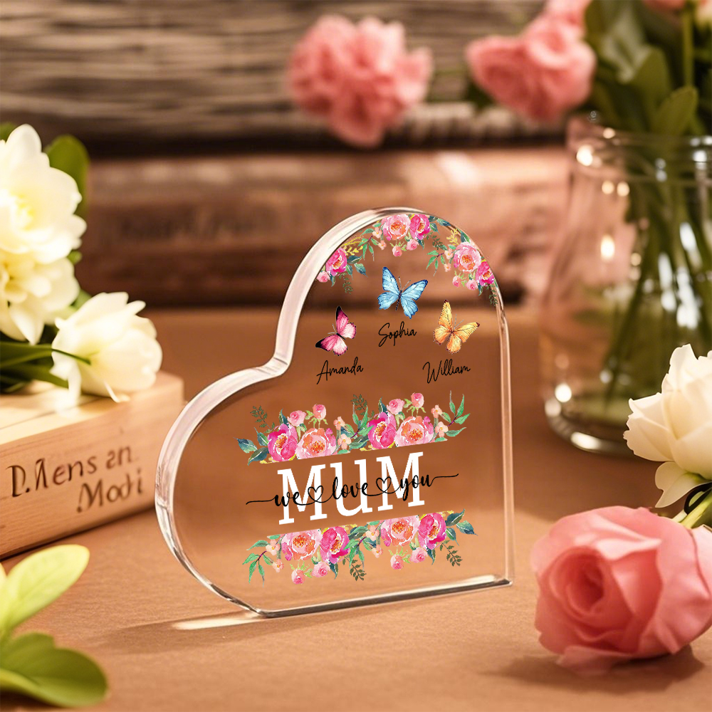 À Maman/Mamie - Plaque Acrylique Coeur 3 Prénoms Personnalisés avec 2 Textes Papillons et Felurs Déco de Maison | Jessemade