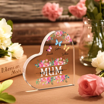 À Maman/Mamie - Plaque Acrylique Coeur 3 Prénoms Personnalisés avec 2 Textes Papillons et Felurs Déco de Maison | Jessemade