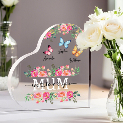 À Maman/Mamie - Plaque Acrylique Coeur 3 Prénoms Personnalisés avec 2 Textes Papillons et Felurs Déco de Maison | Jessemade