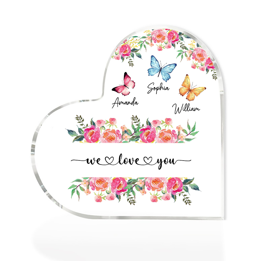 À Maman/Mamie - Plaque Acrylique Coeur 3 Prénoms Personnalisés avec 2 Textes Papillons et Felurs Déco de Maison | Jessemade