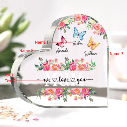À Maman/Mamie - Plaque Acrylique Coeur 3 Prénoms Personnalisés avec 2 Textes Papillons et Felurs Déco de Maison | Jessemade