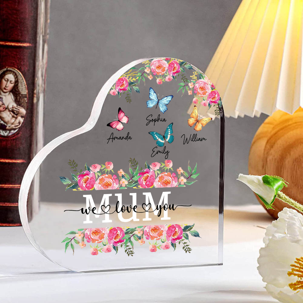 À Maman/Mamie - Plaque Acrylique Coeur 4 Prénoms Personnalisés avec 2 Textes Papillons et Felurs Déco de Maison | Jessemade