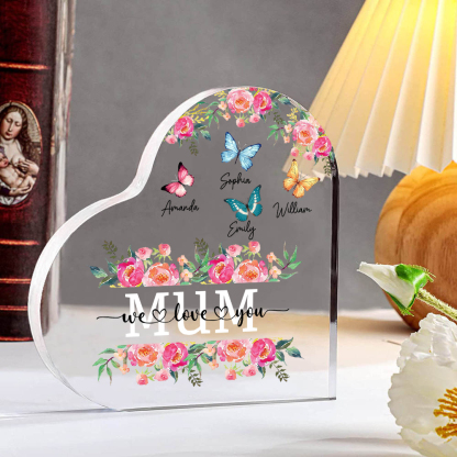 À Maman/Mamie - Plaque Acrylique Coeur 4 Prénoms Personnalisés avec 2 Textes Papillons et Felurs Déco de Maison | Jessemade
