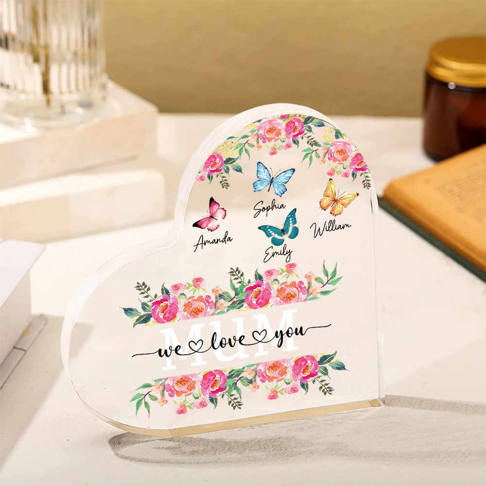 À Maman/Mamie - Plaque Acrylique Coeur 4 Prénoms Personnalisés avec 2 Textes Papillons et Felurs Déco de Maison | Jessemade