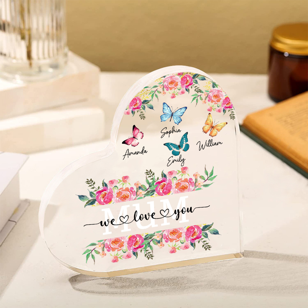 À Maman/Mamie - Plaque Acrylique Coeur 4 Prénoms Personnalisés avec 2 Textes Papillons et Felurs Déco de Maison | Jessemade