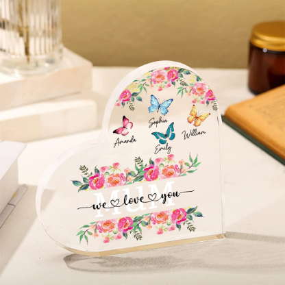 À Maman/Mamie - Plaque Acrylique Coeur 4 Prénoms Personnalisés avec 2 Textes Papillons et Felurs Déco de Maison | Jessemade