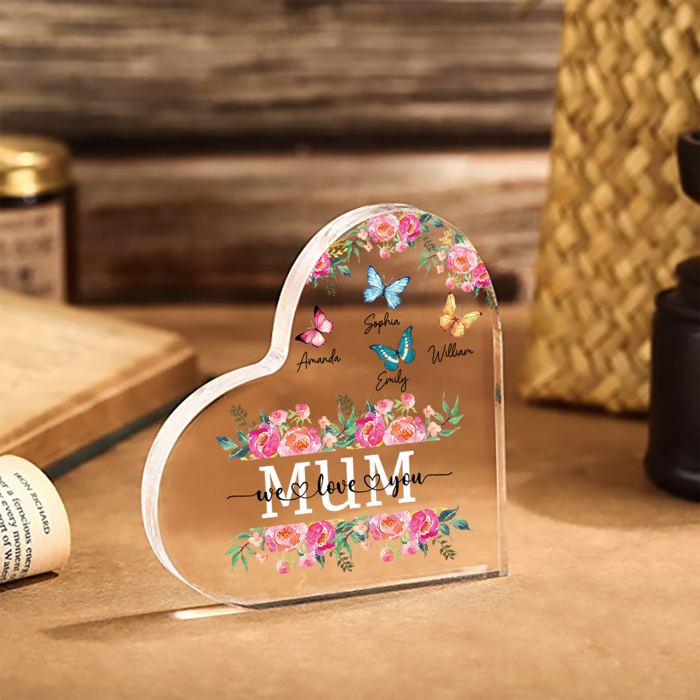 À Maman/Mamie - Plaque Acrylique Coeur 4 Prénoms Personnalisés avec 2 Textes Papillons et Felurs Déco de Maison | Jessemade