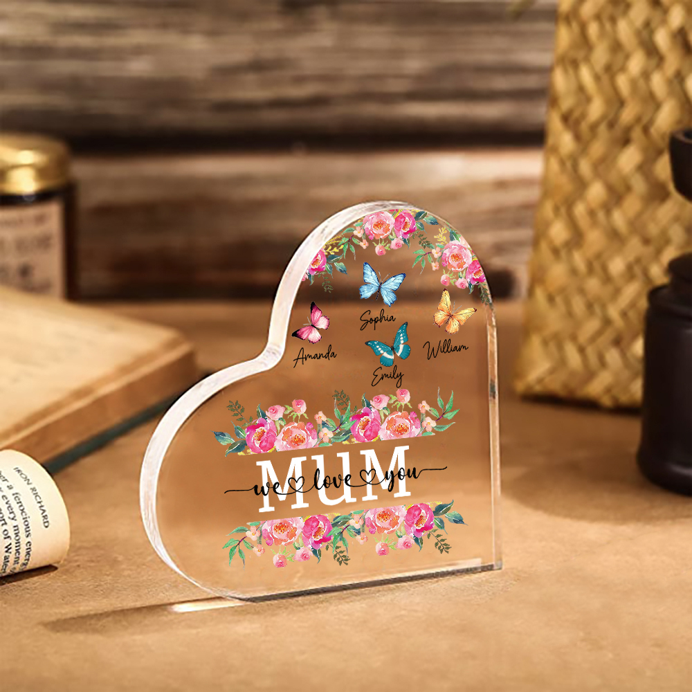 À Maman/Mamie - Plaque Acrylique Coeur 4 Prénoms Personnalisés avec 2 Textes Papillons et Felurs Déco de Maison | Jessemade