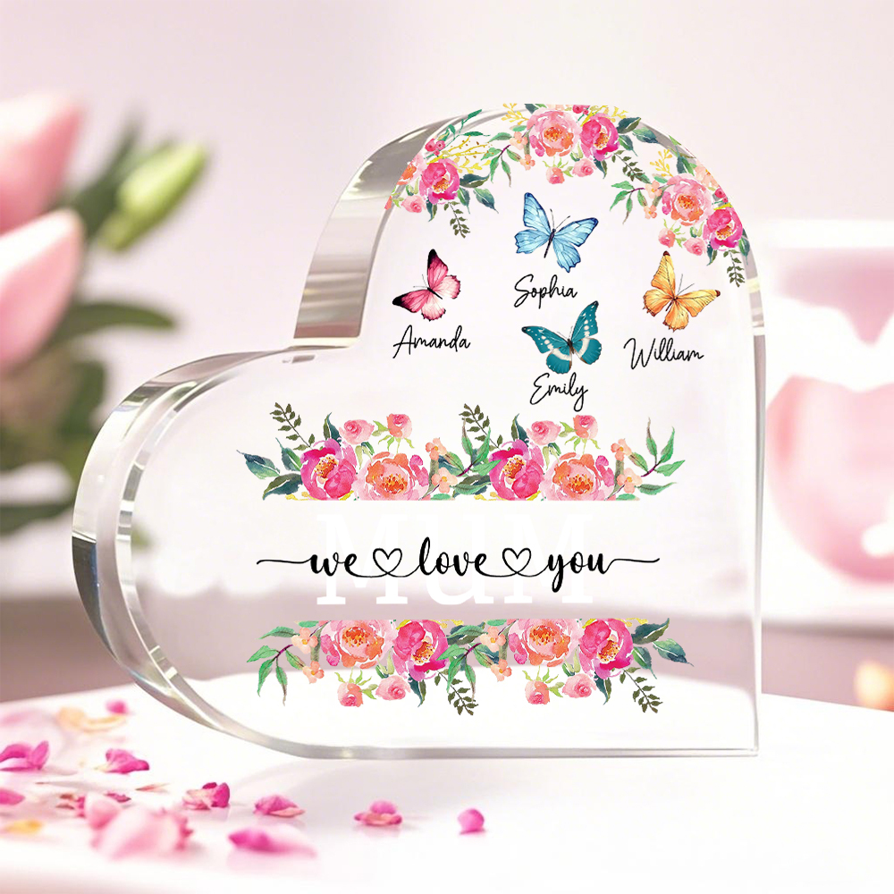 Bloc cœur en acrylique personnalisé avec prénoms et message – Cadeau sentimental pour maman et grand-mère | Jessemade