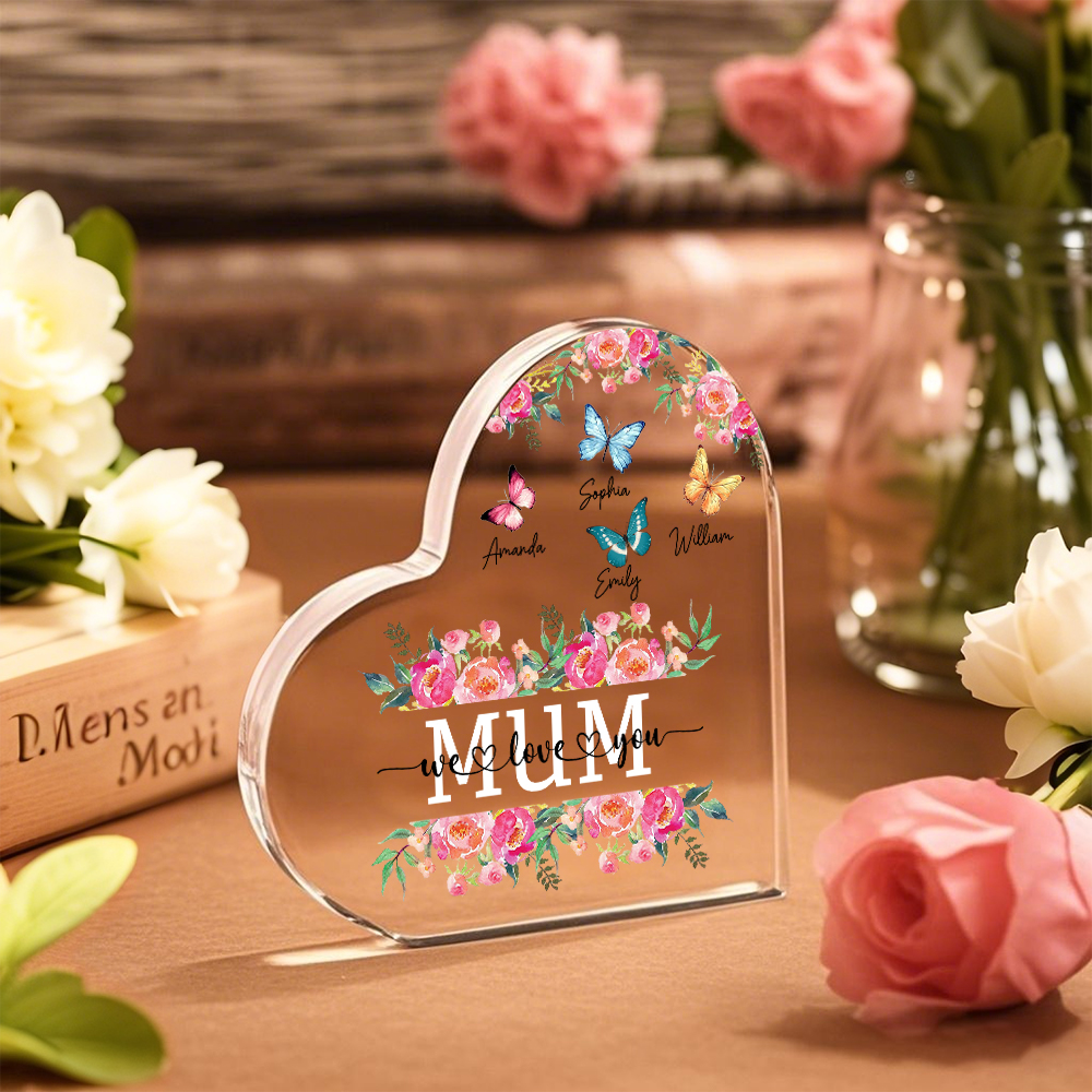 À Maman/Mamie - Plaque Acrylique Coeur 4 Prénoms Personnalisés avec 2 Textes Papillons et Felurs Déco de Maison | Jessemade