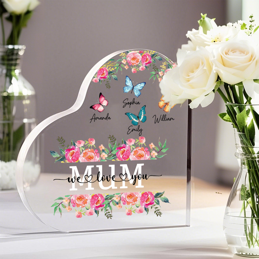 À Maman/Mamie - Plaque Acrylique Coeur 4 Prénoms Personnalisés avec 2 Textes Papillons et Felurs Déco de Maison | Jessemade