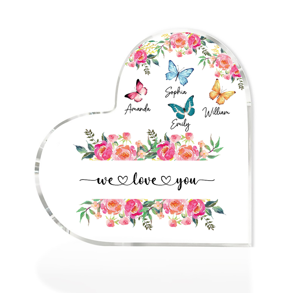 À Maman/Mamie - Plaque Acrylique Coeur 4 Prénoms Personnalisés avec 2 Textes Papillons et Felurs Déco de Maison | Jessemade