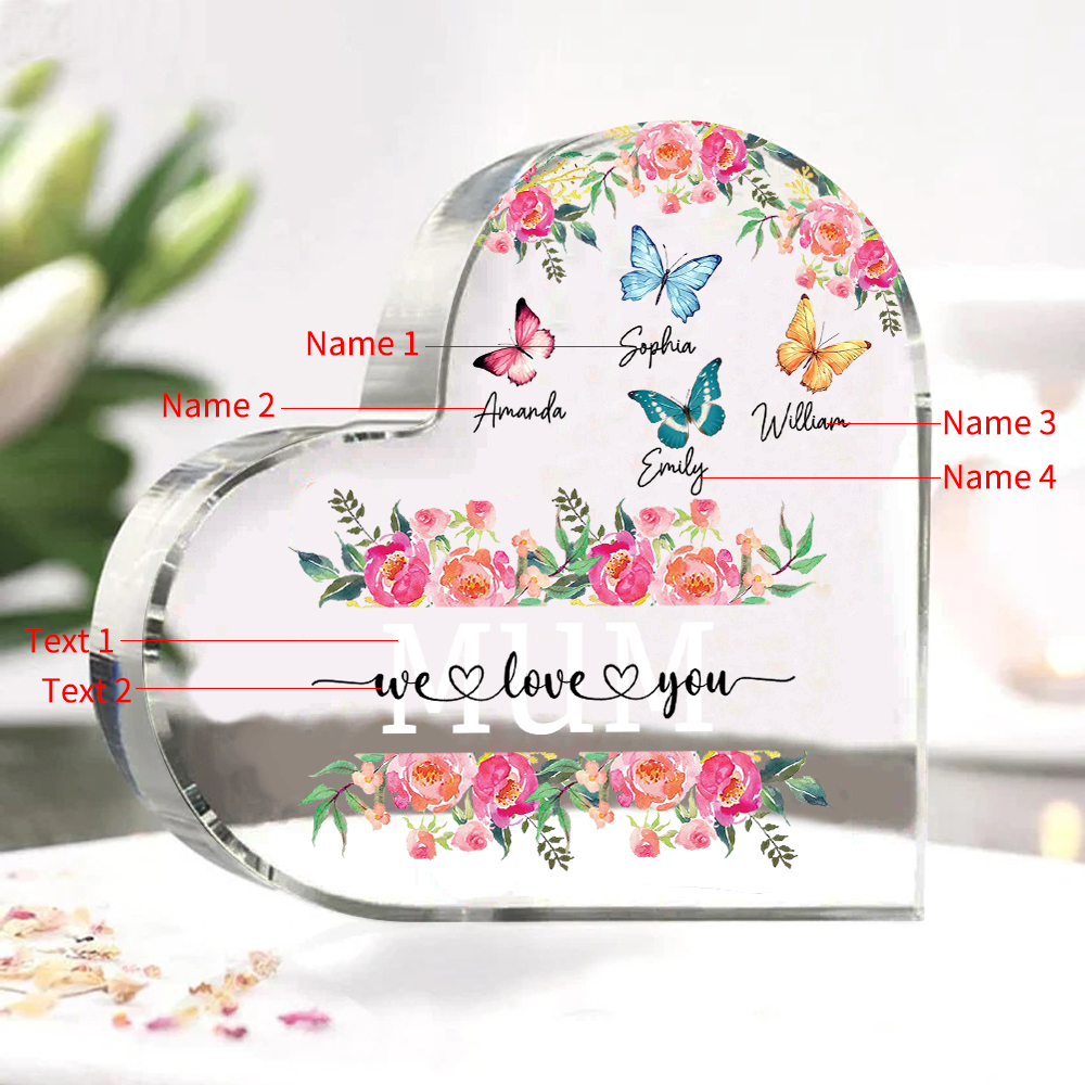 À Maman/Mamie - Plaque Acrylique Coeur 4 Prénoms Personnalisés avec 2 Textes Papillons et Felurs Déco de Maison | Jessemade