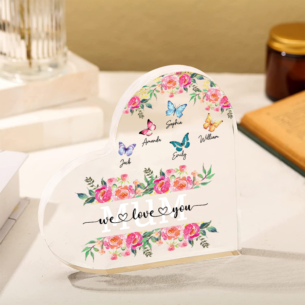 À Maman/Mamie - Plaque Acrylique Coeur 5 Prénoms Personnalisés avec 2 Textes Papillons et Felurs Déco de Maison | Jessemade