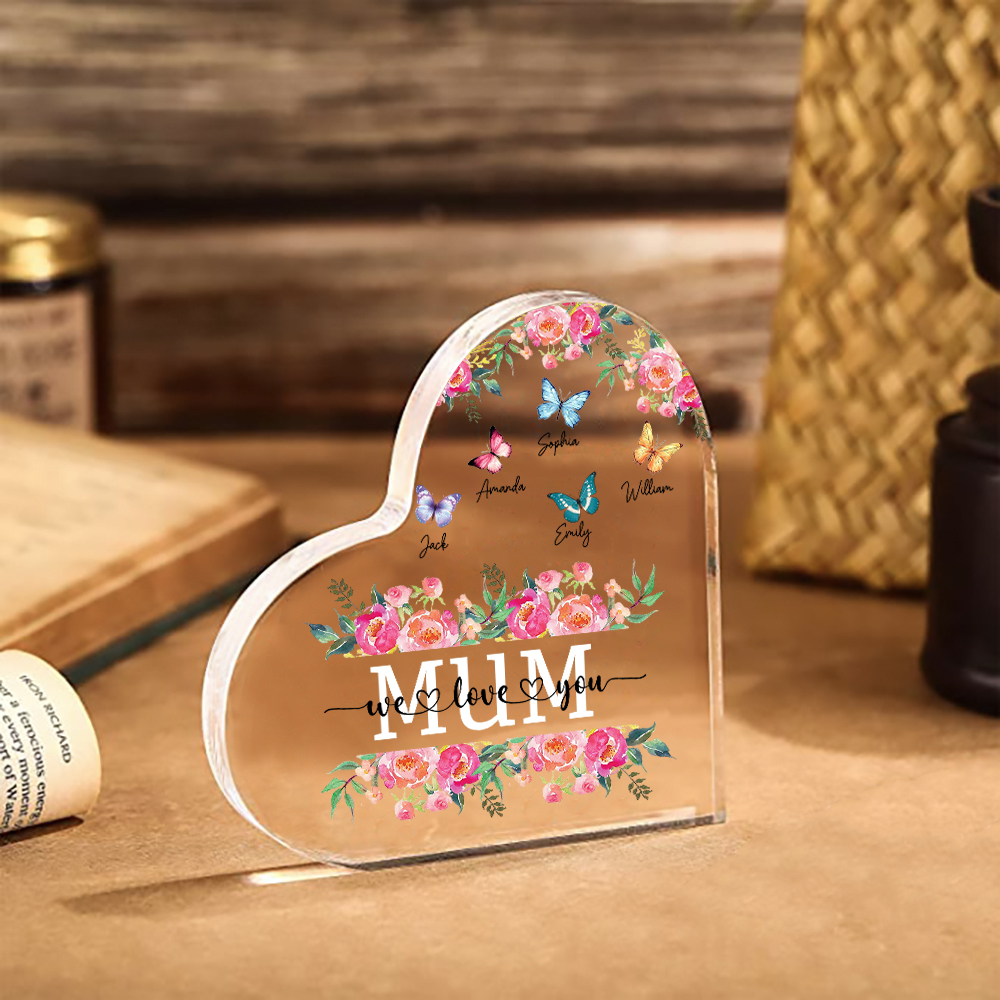 À Maman/Mamie - Plaque Acrylique Coeur 5 Prénoms Personnalisés avec 2 Textes Papillons et Felurs Déco de Maison | Jessemade