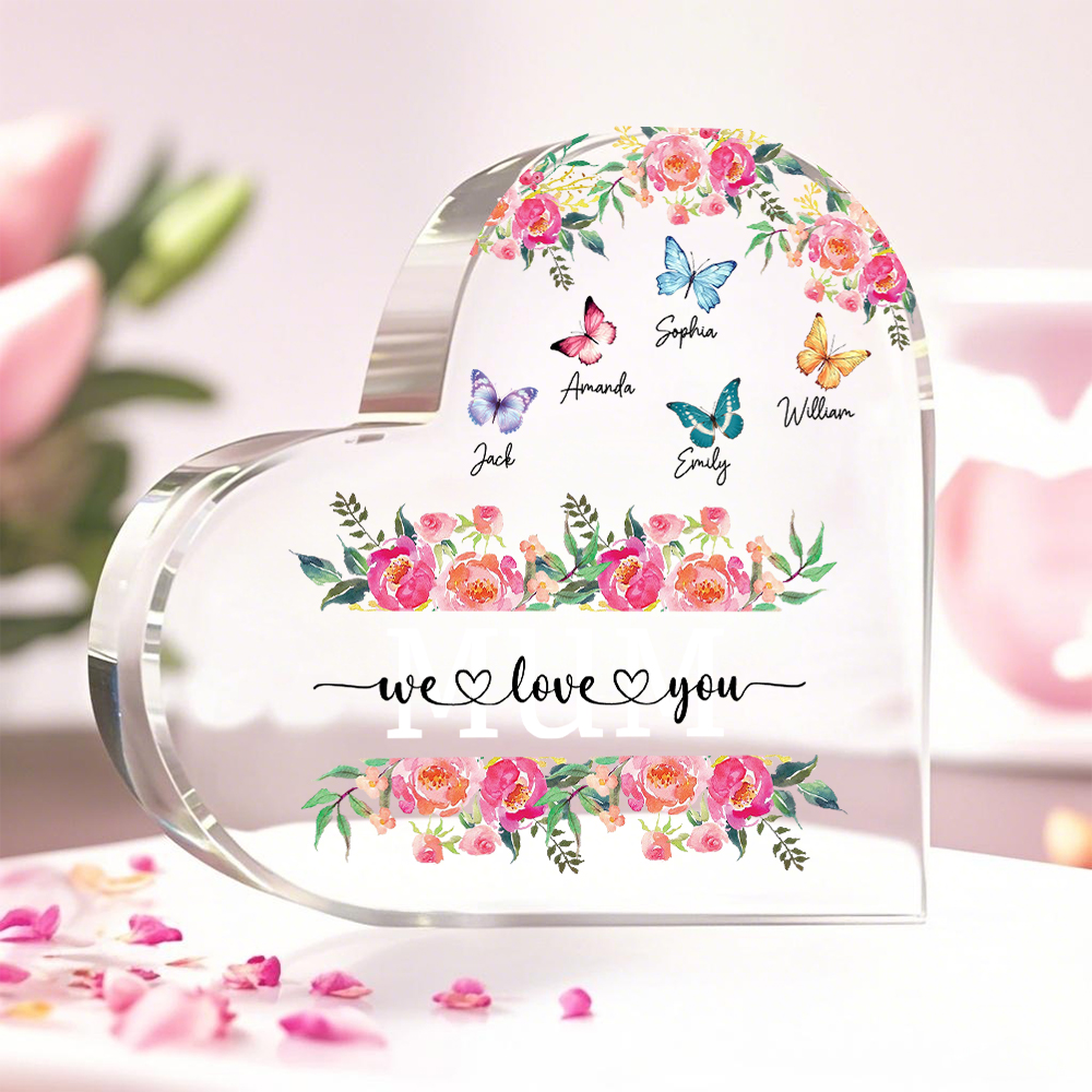 À Maman/Mamie - Plaque Acrylique Coeur 5 Prénoms Personnalisés avec 2 Textes Papillons et Felurs Déco de Maison | Jessemade