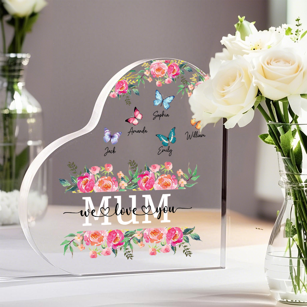 À Maman/Mamie - Plaque Acrylique Coeur 5 Prénoms Personnalisés avec 2 Textes Papillons et Felurs Déco de Maison | Jessemade