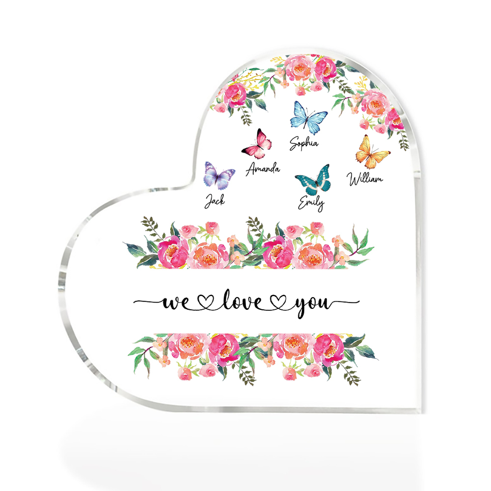 À Maman/Mamie - Plaque Acrylique Coeur 5 Prénoms Personnalisés avec 2 Textes Papillons et Felurs Déco de Maison | Jessemade