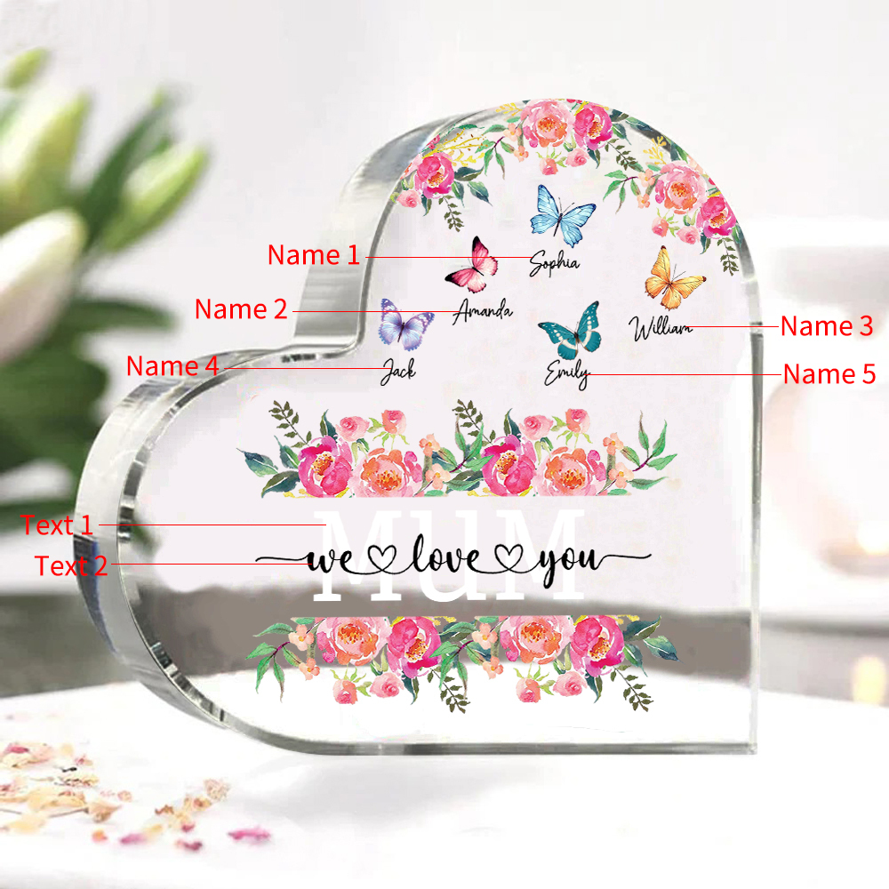 À Maman/Mamie - Plaque Acrylique Coeur 5 Prénoms Personnalisés avec 2 Textes Papillons et Felurs Déco de Maison | Jessemade