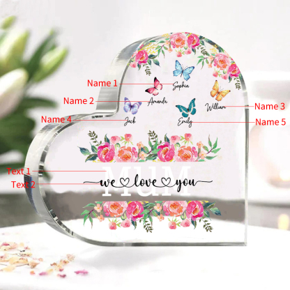 À Maman/Mamie - Plaque Acrylique Coeur 5 Prénoms Personnalisés avec 2 Textes Papillons et Felurs Déco de Maison | Jessemade