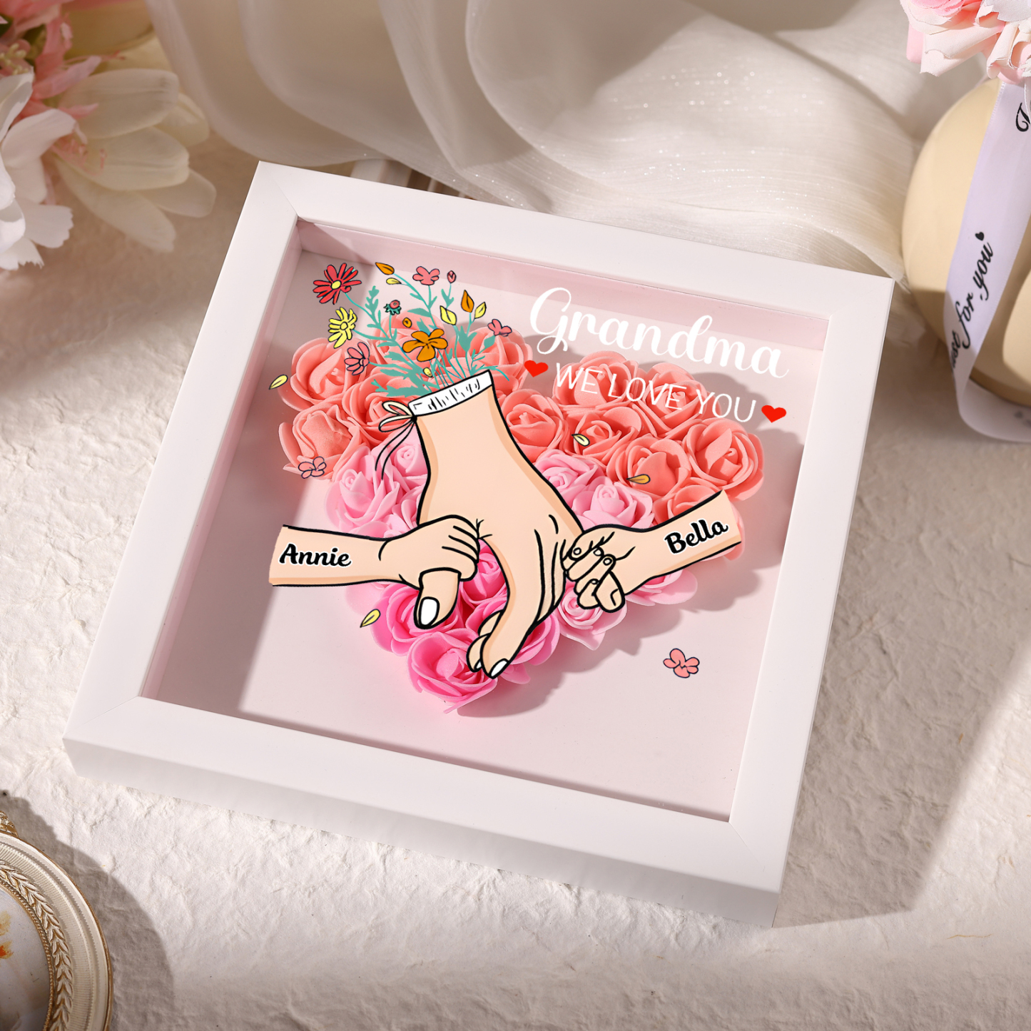 À Maman/Mamie - Cadre Photo Panneau de Densité La Main Dans La Main 2 Prénoms et 1 Texte Personnalisés 5 Couleurs Ornements Floral pour Famille | Jessemade