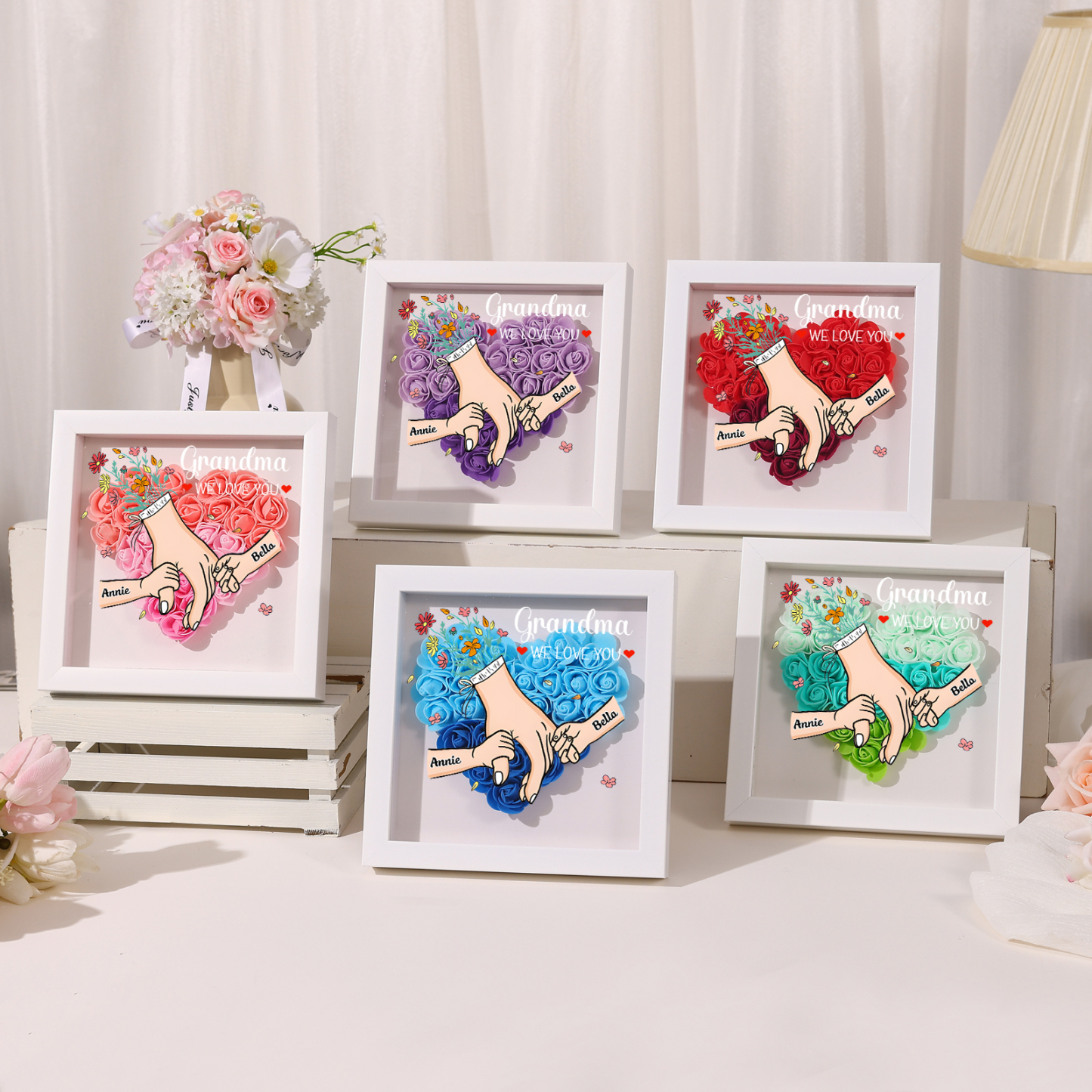 À Maman/Mamie - Cadre Photo Panneau de Densité La Main Dans La Main 2 Prénoms et 1 Texte Personnalisés 5 Couleurs Ornements Floral pour Famille | Jessemade