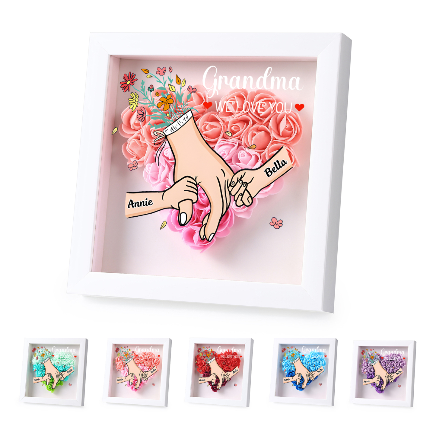 À Maman/Mamie - Cadre Photo Panneau de Densité La Main Dans La Main 2 Prénoms et 1 Texte Personnalisés 5 Couleurs Ornements Floral pour Famille | Jessemade