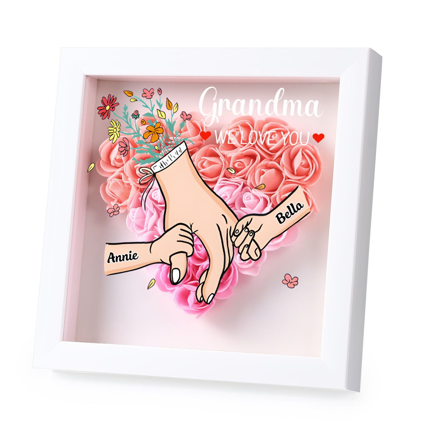À Maman/Mamie - Cadre Photo Panneau de Densité La Main Dans La Main 2 Prénoms et 1 Texte Personnalisés 5 Couleurs Ornements Floral pour Famille | Jessemade